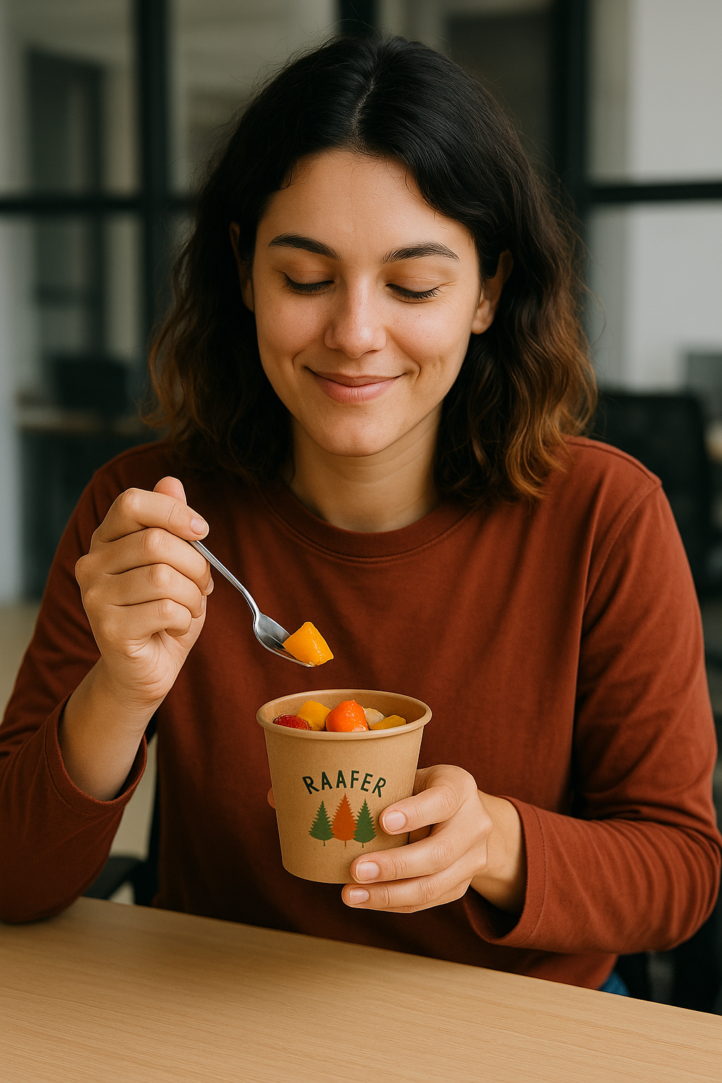 Mulher segurando o potinho da Raafer